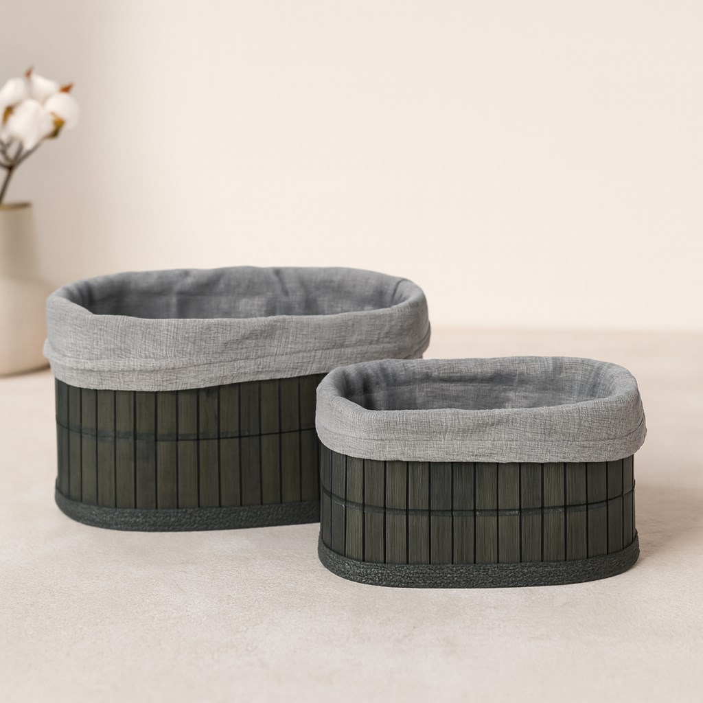 Bambu Kenarlı Oval Organizer Sepet (Ahşap Tabanlı, Bezli) 21x14-25x16 cm