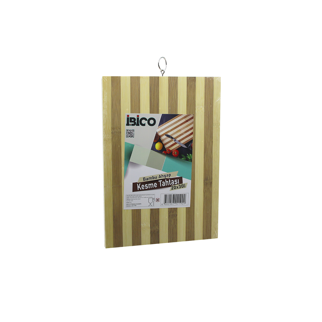 Bambu Kesme Tahtası 20x30x1.3 cm - Beyaz Çizgili Metal Kulplu