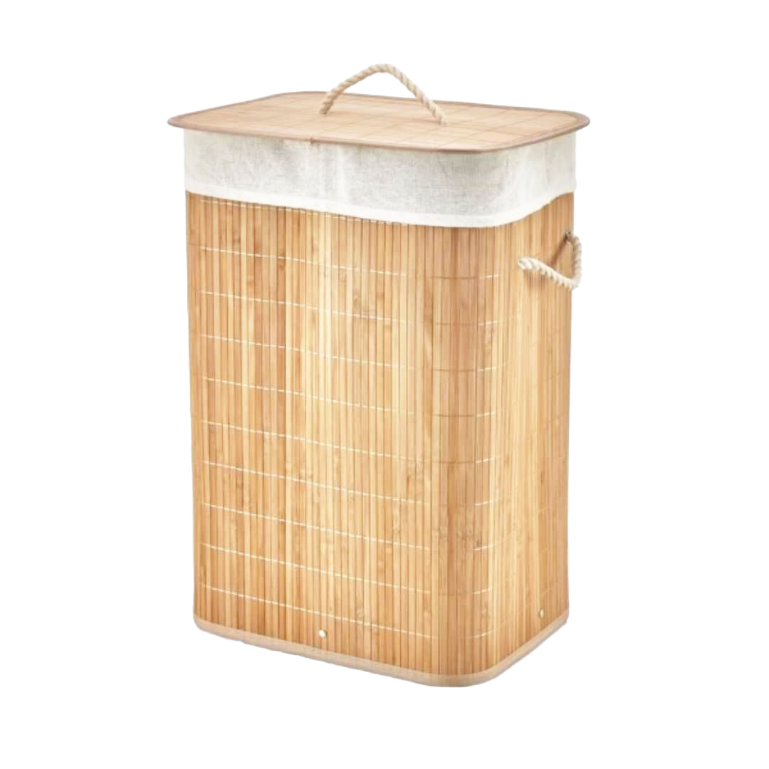Bambu Kirli Çamaşır Sepeti 40x30x60 cm - Kapaklı İpli Kumaş Torbalı