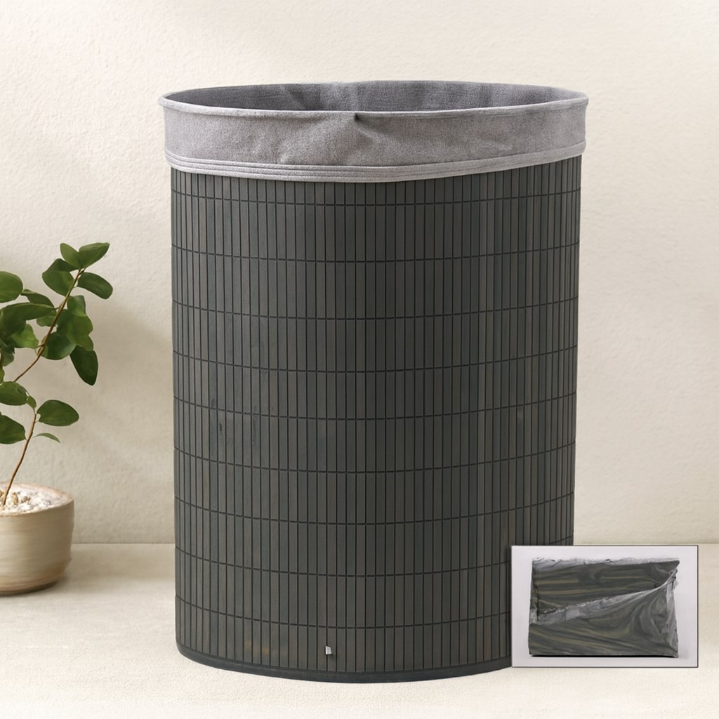 Bambu Üçgen Kirli Çamaşır Sepeti 35x60 cm - Kapaklı, Kumaş Torbalı