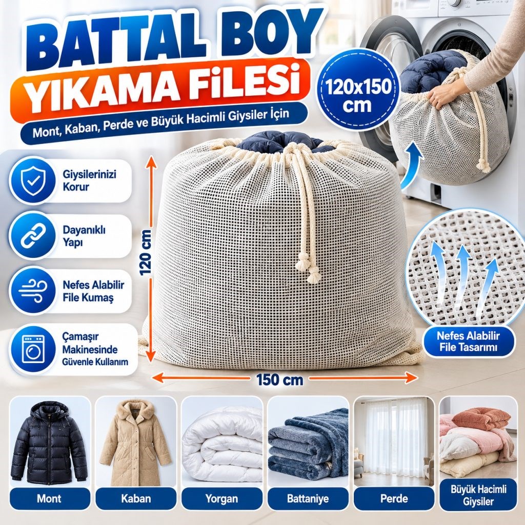 Battal Boy 120x150 cm Mont ve perde Yıkama Filesi–Extra Büyük, Dayanıklı, Nefes Alabilir Çamaşır Koruma Torbası
