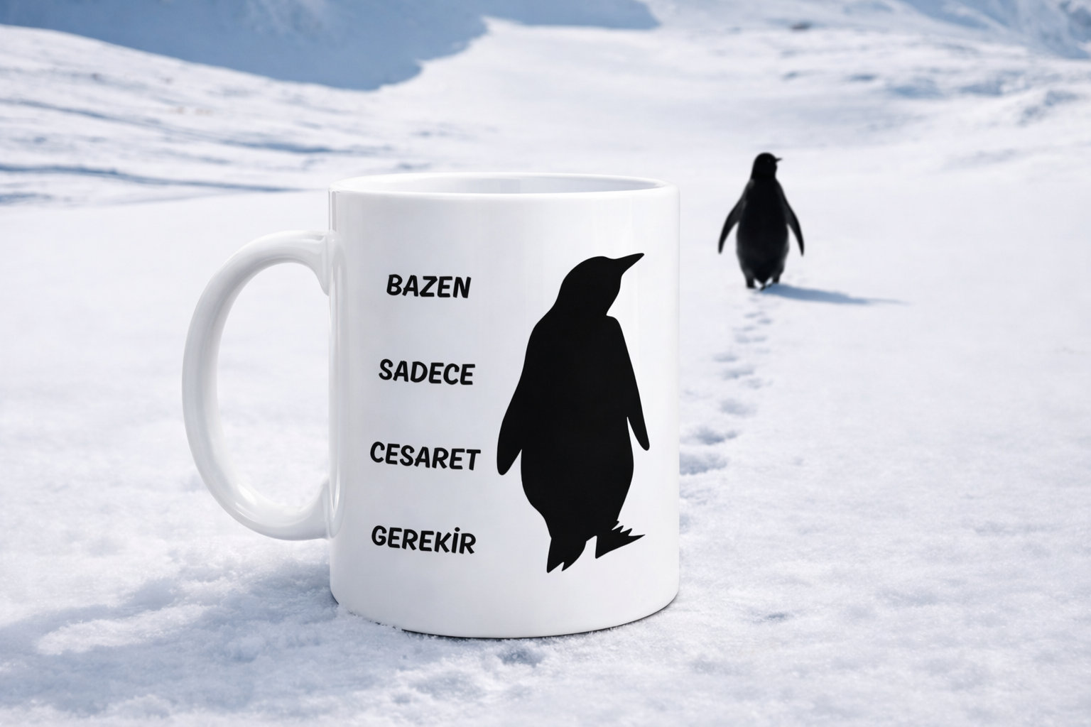 Bazen Sadece Cesaret Gerekir Kupa MODEL 160 – Nihilist Penguen Tasarımlı Porselen Kupa | İlham Veren Motif, Özgün Hediye