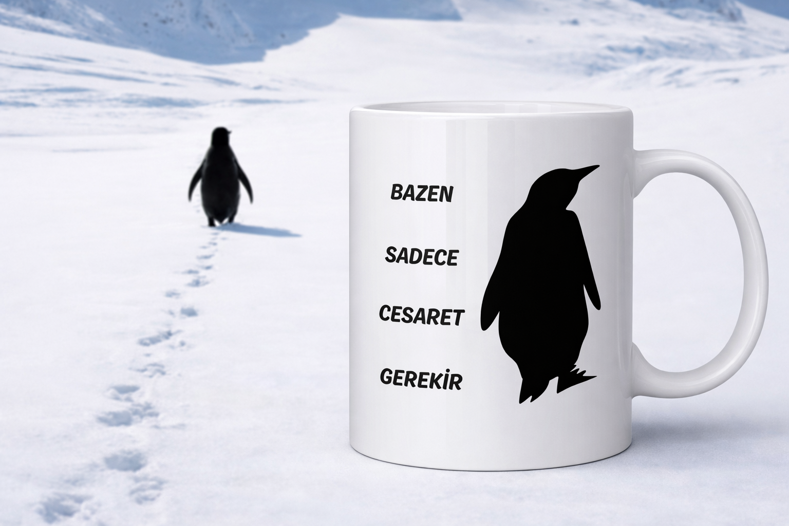 Bazen Sadece Cesaret Gerekir Kupa MODEL 160 – Nihilist Penguen Tasarımlı Porselen Kupa | İlham Veren Motif, Özgün Hediye