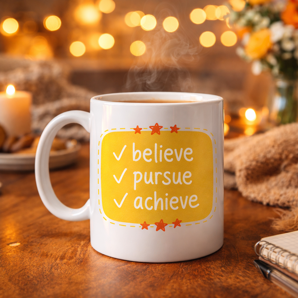 Believe Pursue Achieve Yazılı Porselen Kupa MODEL 124 – Motive Edici Tasarım, İlham Veren Kahve & Çay Kupası, Özel Hediye