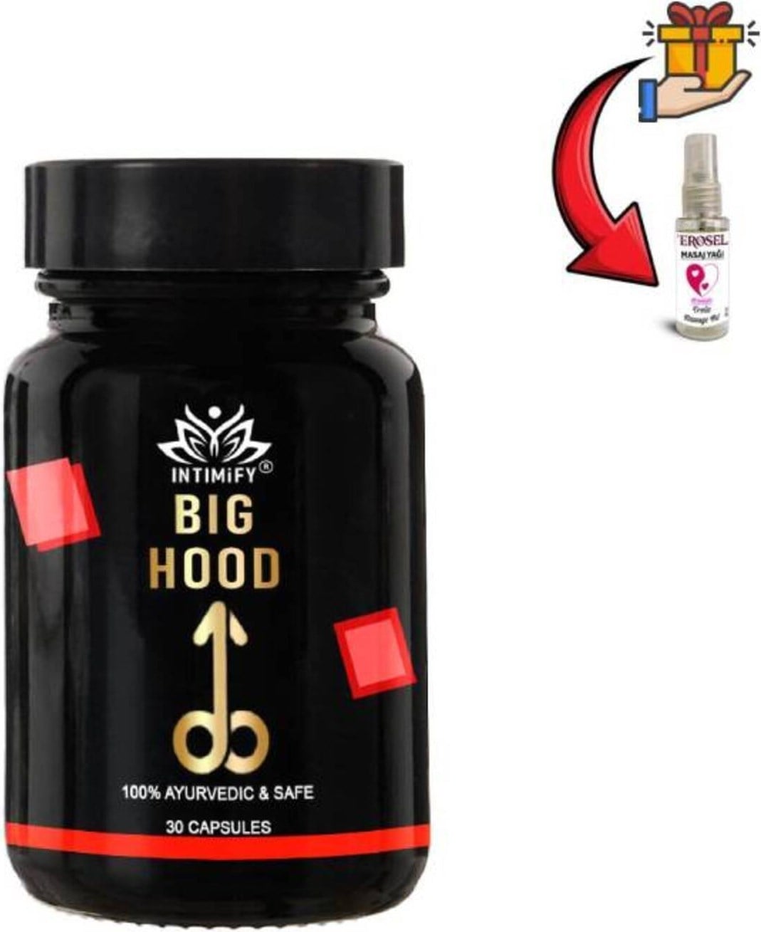 Big Hood Erkekler Için Özel Bölge Büyütücülü Takviye 30lı x 1 Ad.+Erosel Masaj Yağı