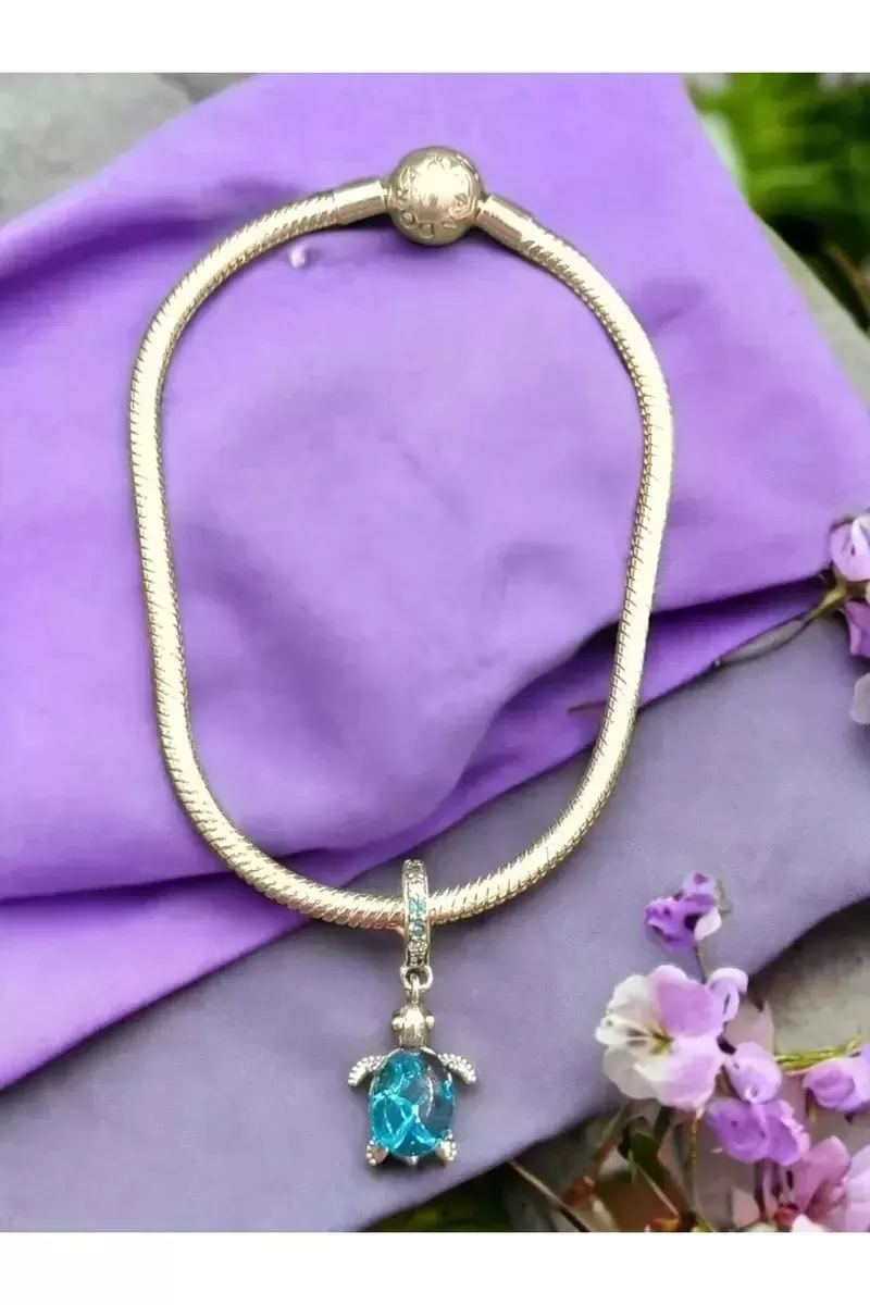 Bileklik 925 Ayar Kaplumbağa Murano Charmlı Gümüş