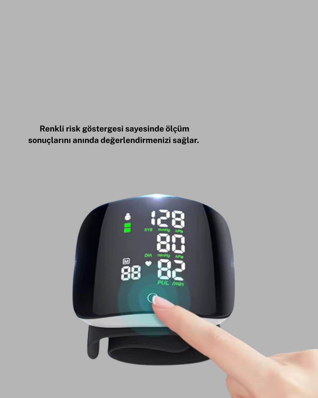 Bilekten Ölçüm Dijital Tansiyon Aleti – Renkli Risk Göstergeli ve Aritmi Uyarılı
