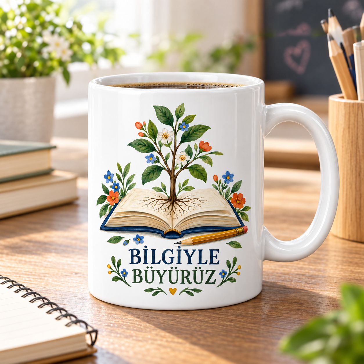 Bilgiyle Büyürüz Kitap ve Filiz Tasarımlı Porselen Kupa - Öğretmene Hediye - MODEL 262