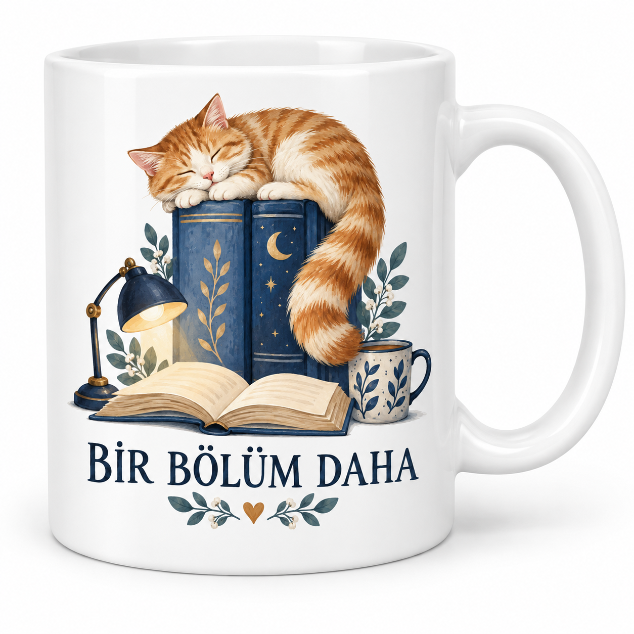 Bir Bölüm Daha Kitap ve Uyuyan Kedi Tasarımlı Porselen Kupa - MODEL 259