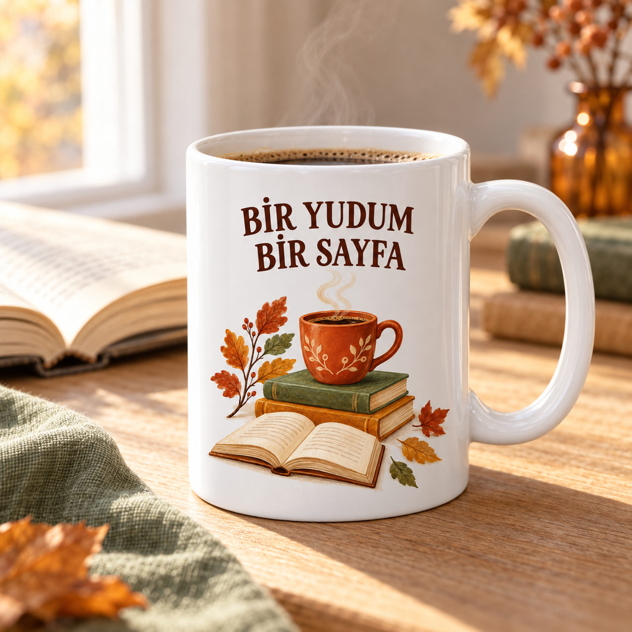 Bir Yudum Bir Sayfa Kitap ve Kahve Temalı Porselen Kupa - Sonbahar Tasarımı - MODEL 257