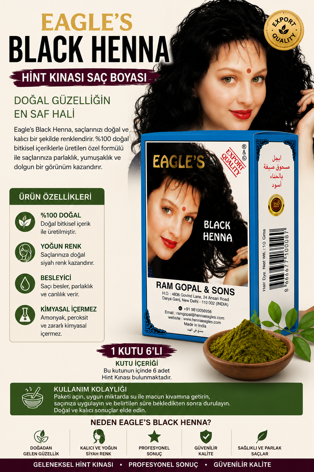 Black Henna Hint Kınası Saç Boyası Siyah Renk 6’lı Kutu Doğal Görünümlü Kalıcı Saç Boyası