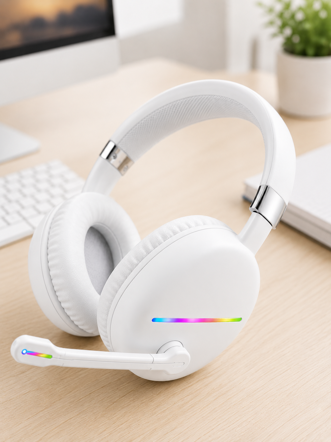 Bluetooth 5.0 Beyaz Kulak Üstü Kablosuz Kulaklık Mikrofonlu RGB Aydınlatmalı