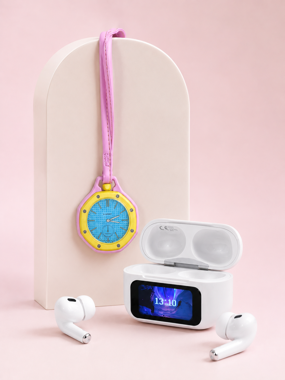 Bluetooth 5.4 Kablosuz Kulaklık Pembe Askılı Analog Charm Saat İkili Set