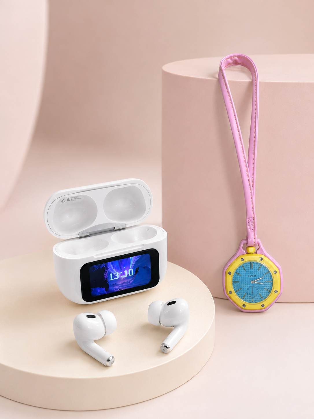 Bluetooth 5.4 Kablosuz Kulaklık Pembe Askılı Analog Charm Saat İkili Set