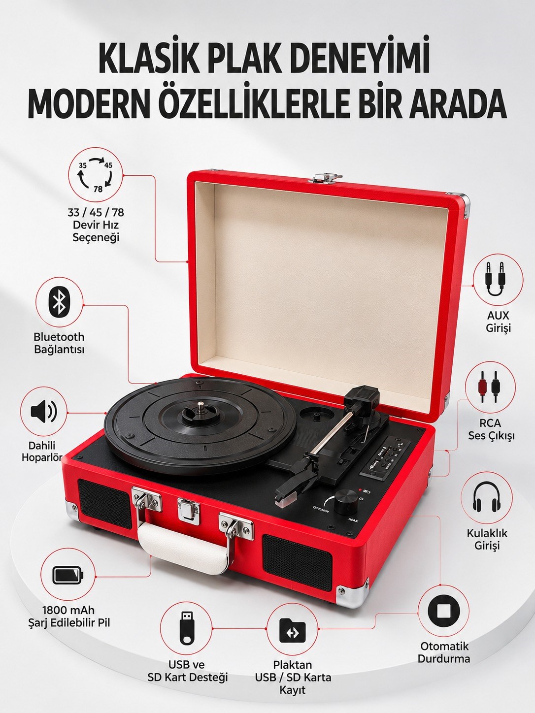 Bluetooth Bağlantılı Portatif Pikap 33 45 78 Devir Dahili Hoparlör ve Şarj Edilebilir Pil