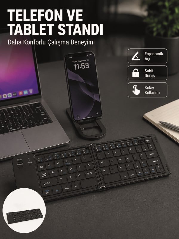 Bluetooth Katlanabilir Klavye USB-C Şarjlı 3 Cihaz Bağlantılı Taşınabilir Klavye