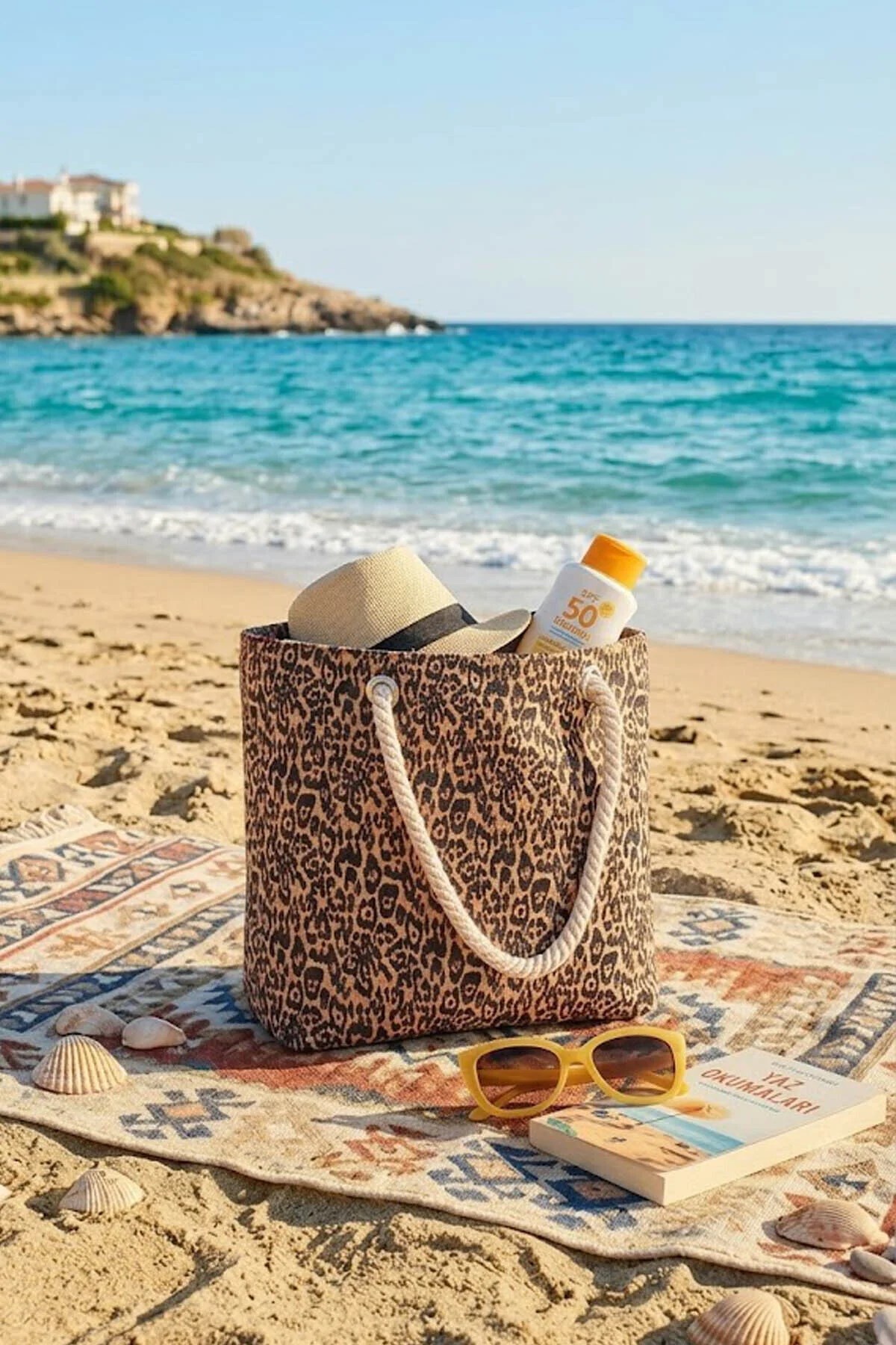 Büyük Boy Plaj Çantası 40×30 cm - Fermuarlı Günlük Omuz, Alışveriş ve Tatil Çantası