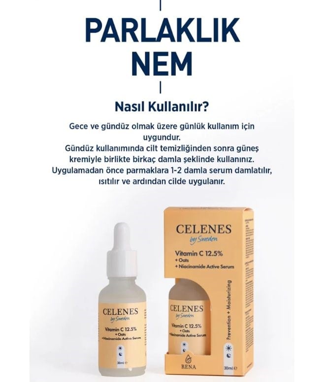 Celenes Aydınlatıcı ve Cilt Tonu Eşitleyici Rena C Vitamini Serum - Yulaf Özü + Niacinamide 30 ml