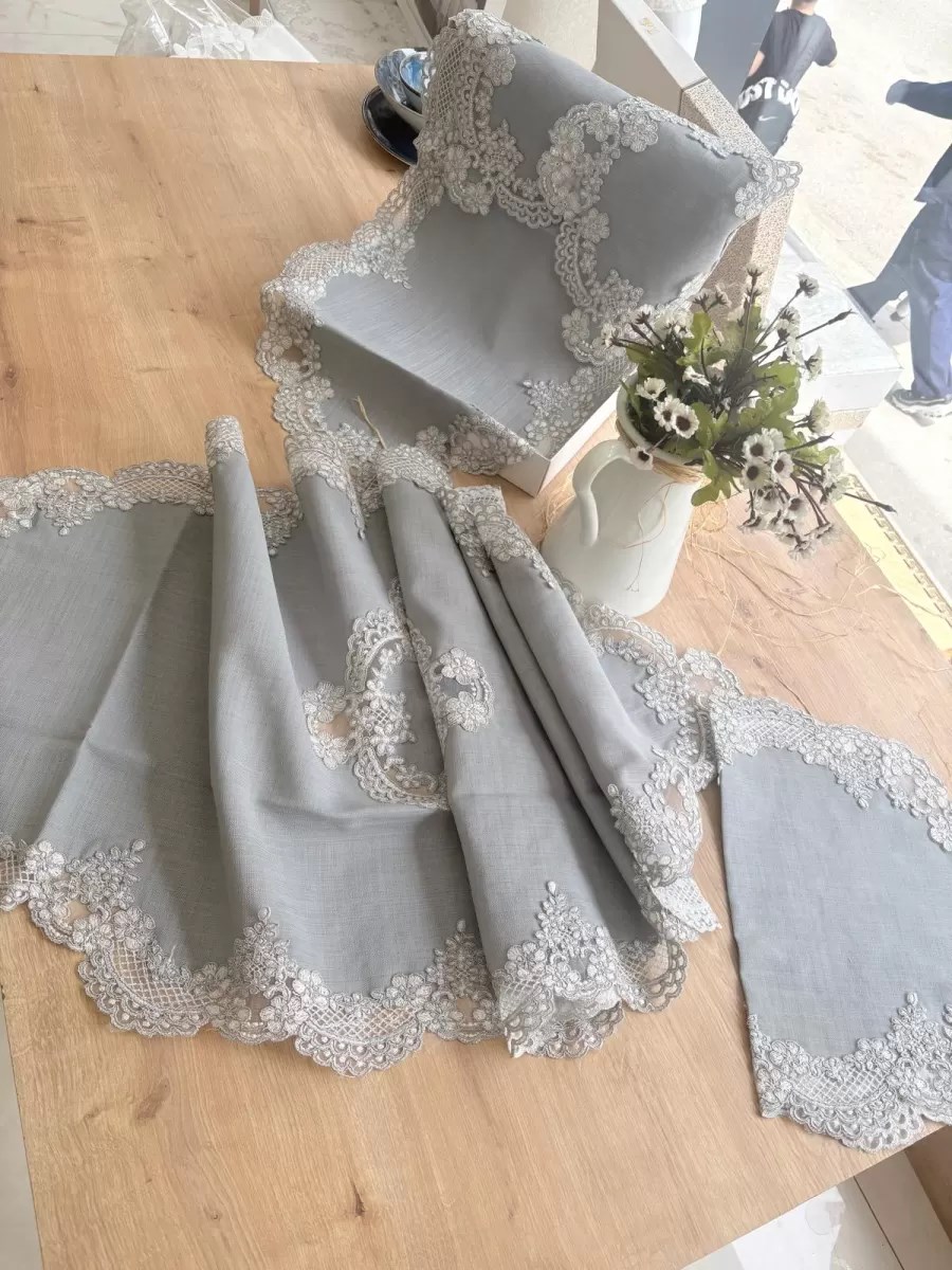 Çeyizlik Firuze Model Gri 5 Parça Keten Dantelli Salon Takımı Runner Seti No 486745