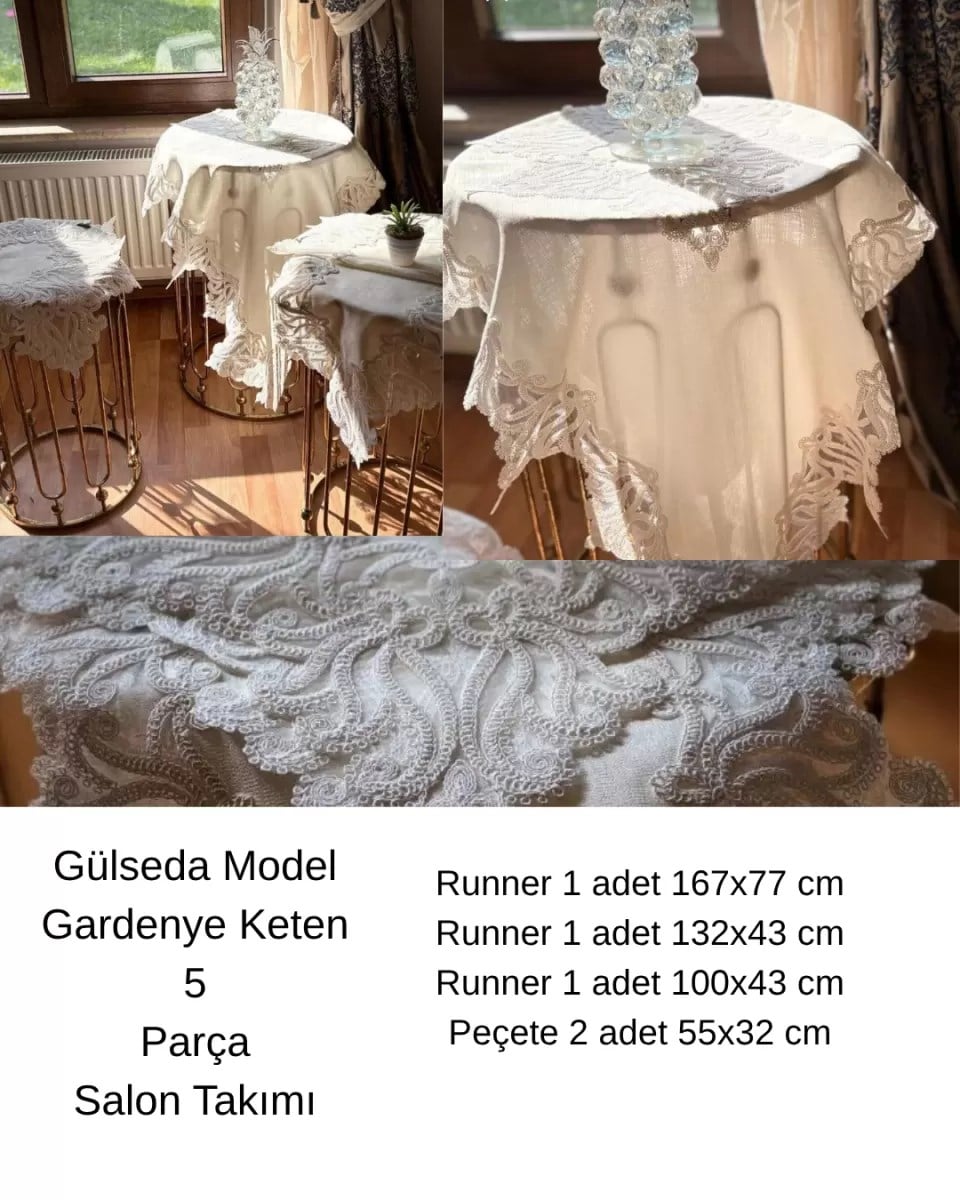 Çeyizlik Gülseda Model Krem-Krem 5 Parça Keten Masa Örtüsü Runner Seti