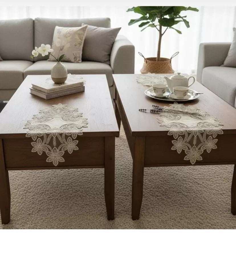 Çeyizlik Selena Model Krem 5 Parça Dantelli Keten Runner Masa Örtüsü Seti