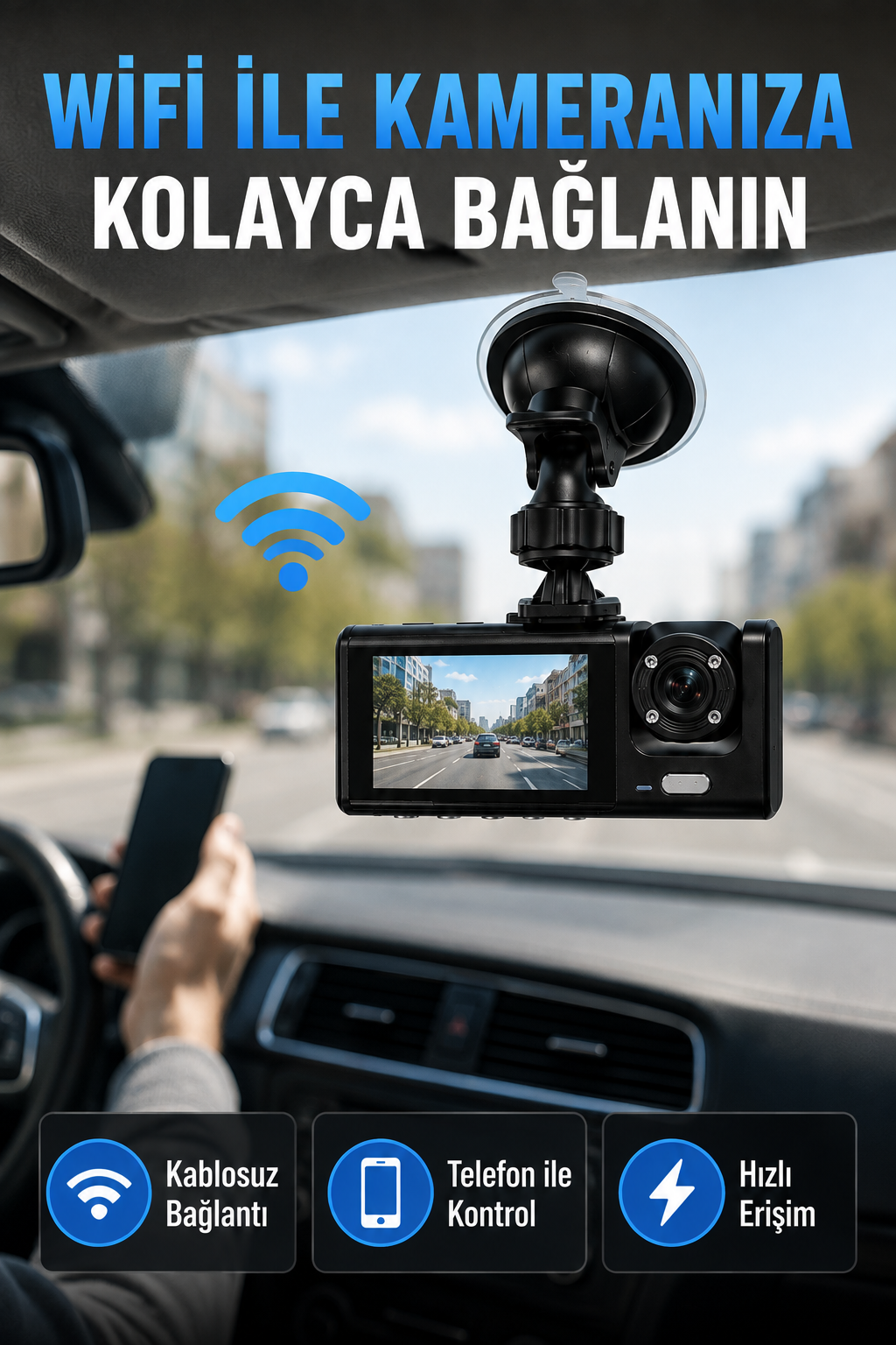 Çift Kameralı WiFi Araç Kamerası 170° Geniş Açı Full HD Araç İçi Kayıt Sistemi