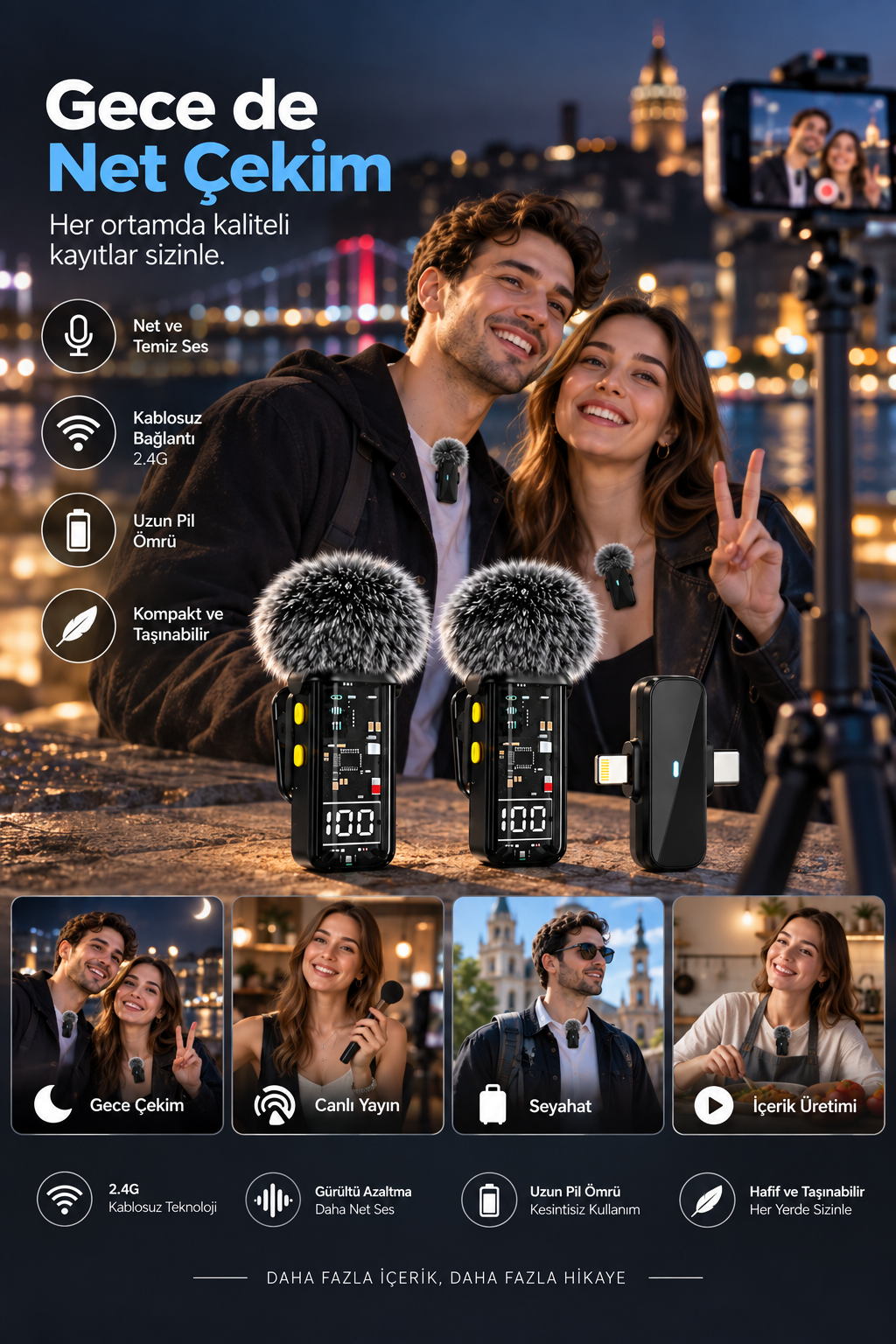 Çift Mikrofonlu 2.4G Kablosuz Yaka Mikrofonu Vlog İçin Mikrofon