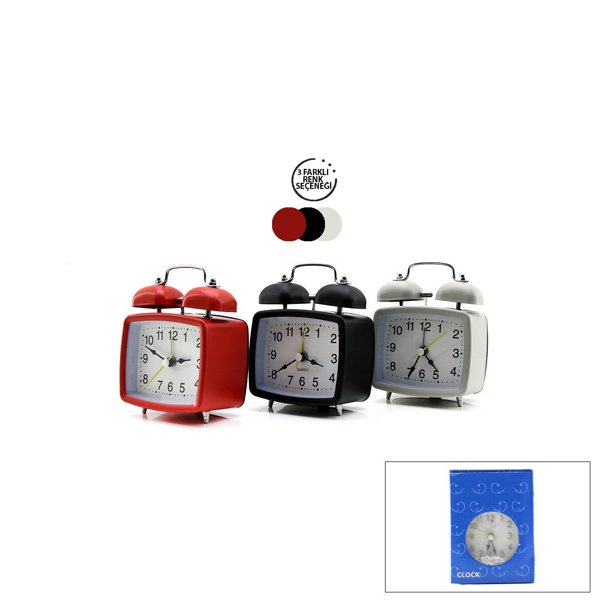 Çift Zilli Metal Masa Alarm Saati (Işıklı, Pilli)