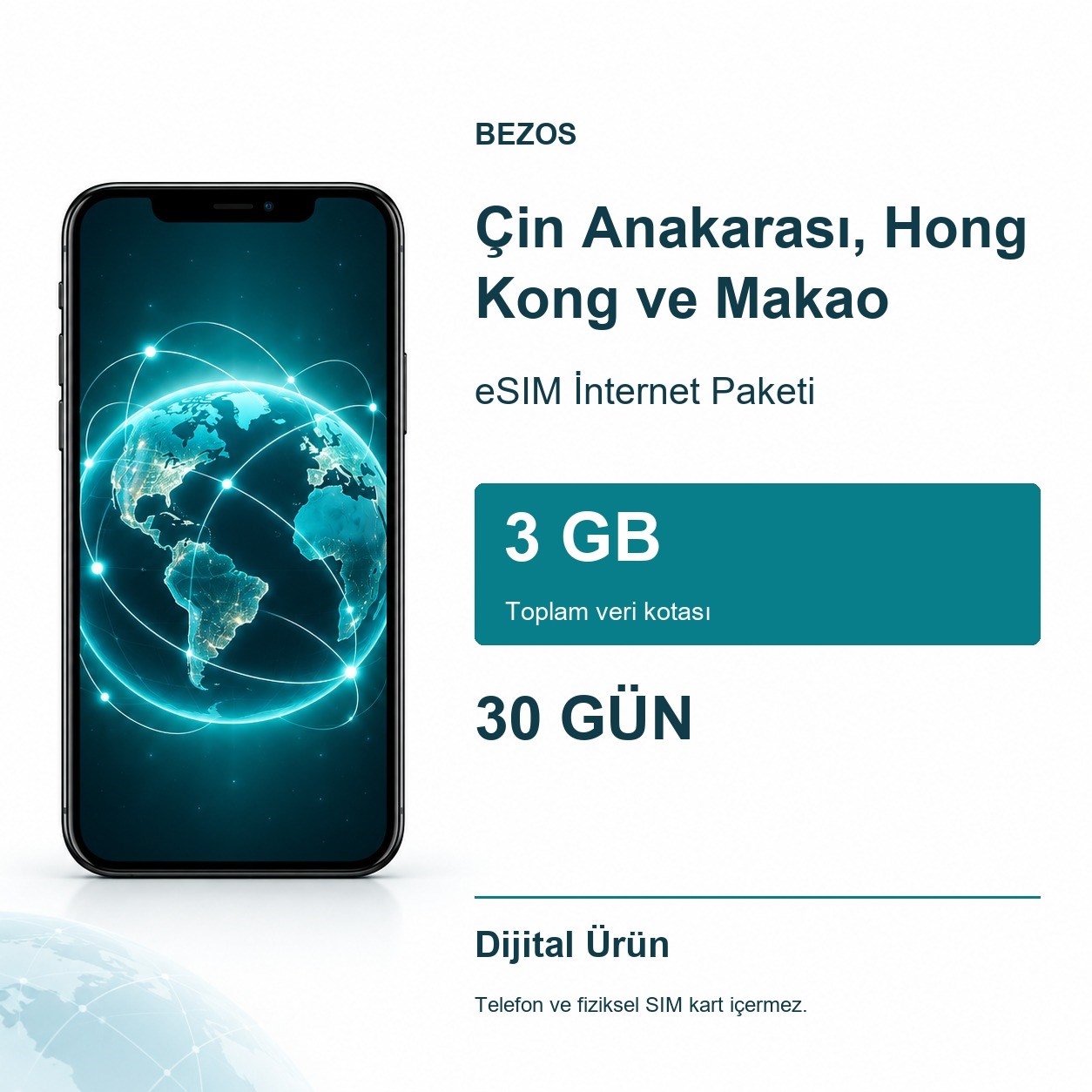 Çin Anakarası, Hong Kong ve Makao eSIM İnternet Paketi 3 GB 30 Gün