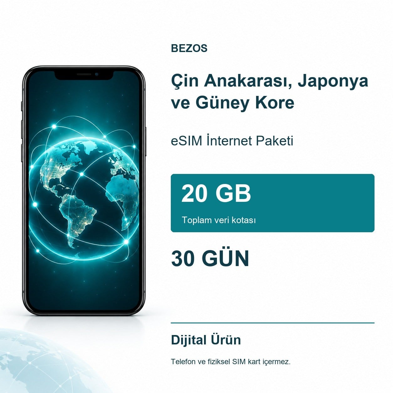 Çin Anakarası, Japonya ve Güney Kore eSIM İnternet Paketi 20 GB 30 Gün