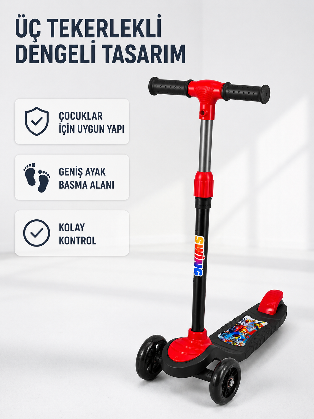 Çocuk Skuteri 3 Tekerlekli Geniş Basma Alanlı Ayarlanabilir Boy Scooter