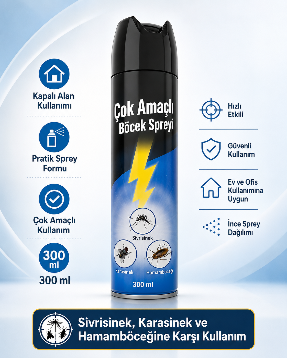 Çok Amaçlı Böcek Spreyi 300 ml Sivrisinek Karasinek Hamamböceği İçin Kapalı Alan Aerosol Sprey