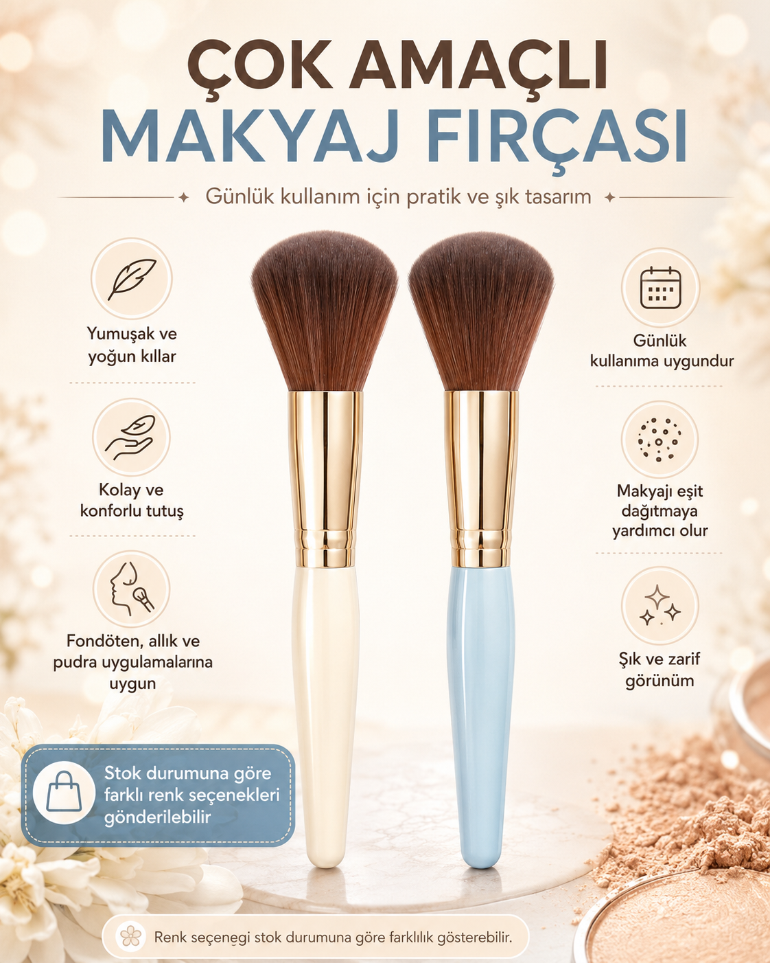 Çok Amaçlı Makyaj Fırçası Yumuşak Kıllı Ergonomik Saplı Fondöten Allık ve Pudra Fırçası