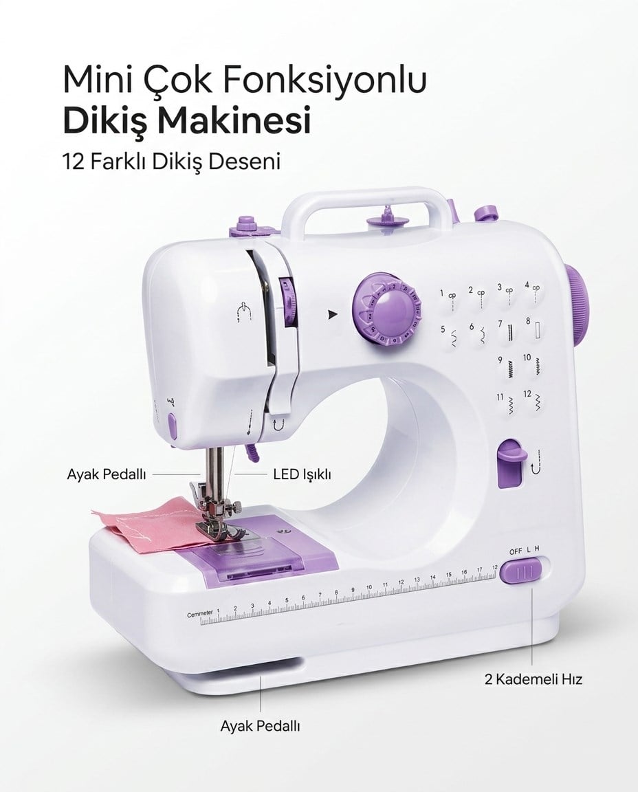 Çok Fonksiyonlu Mini Dikiş Makinesi 12 Dikiş Seçenekli 2 Kademeli Hız Ayarlı