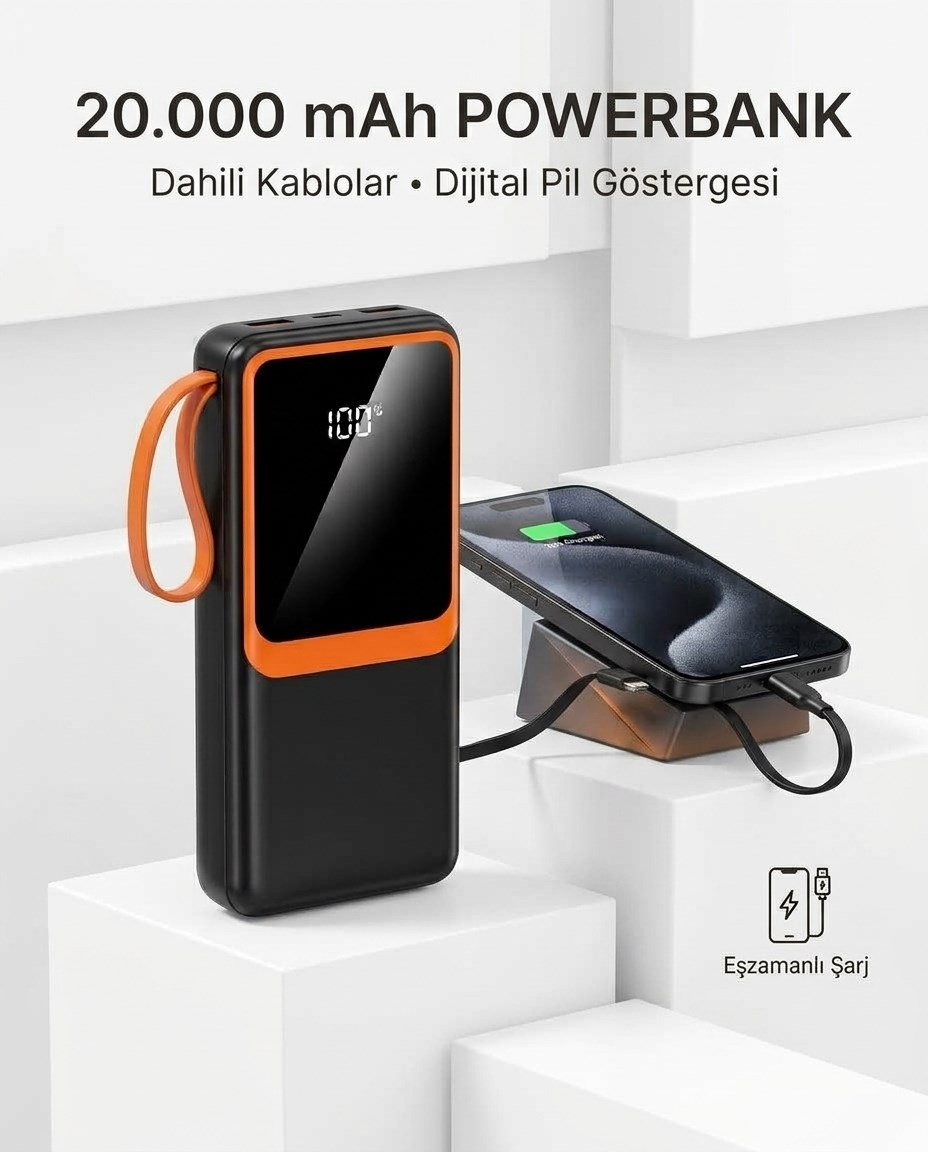 Dahili Çoklu Kablolu 20000 mAh Powerbank Dijital Pil Göstergeli Telefon Şarj Cihazı