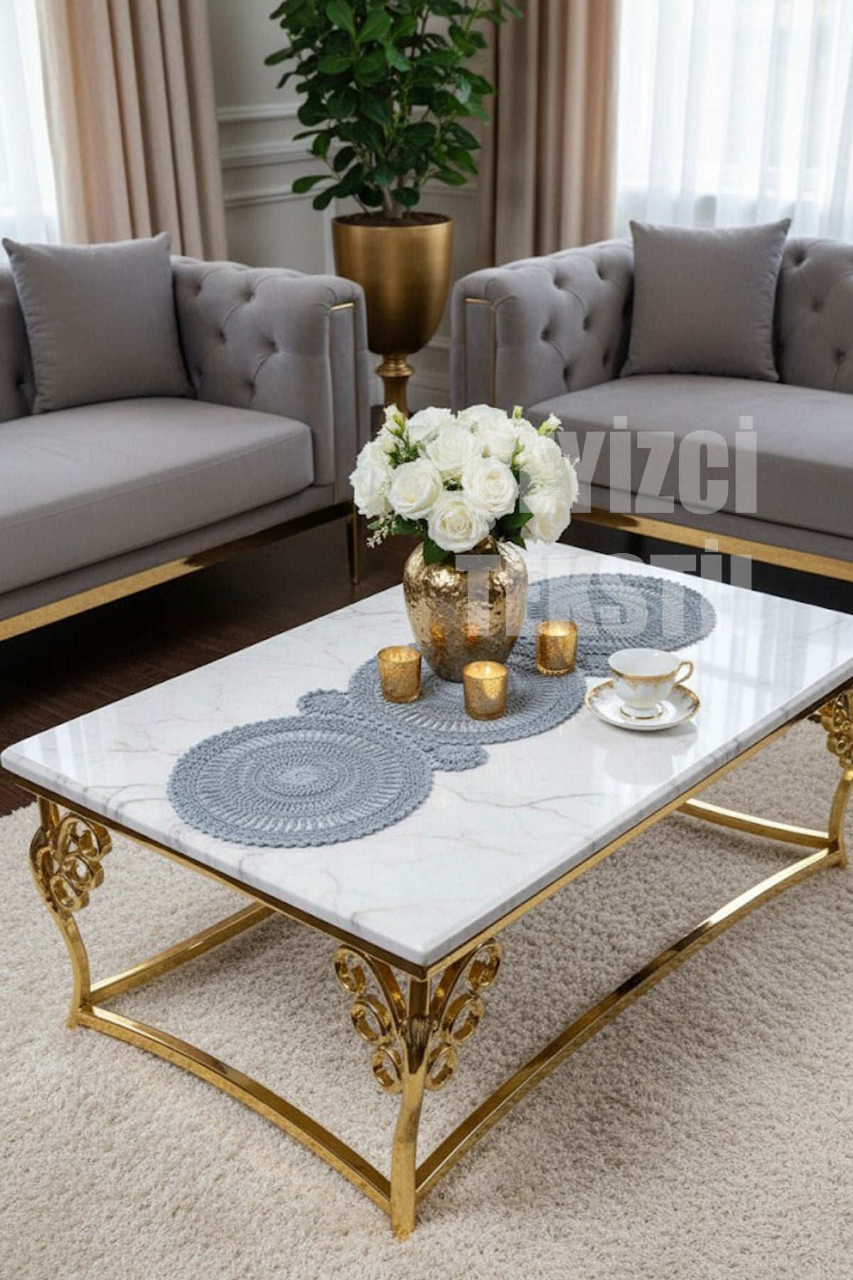 Dantel Detaylı Gümüş Oval Runner (115x35cm)