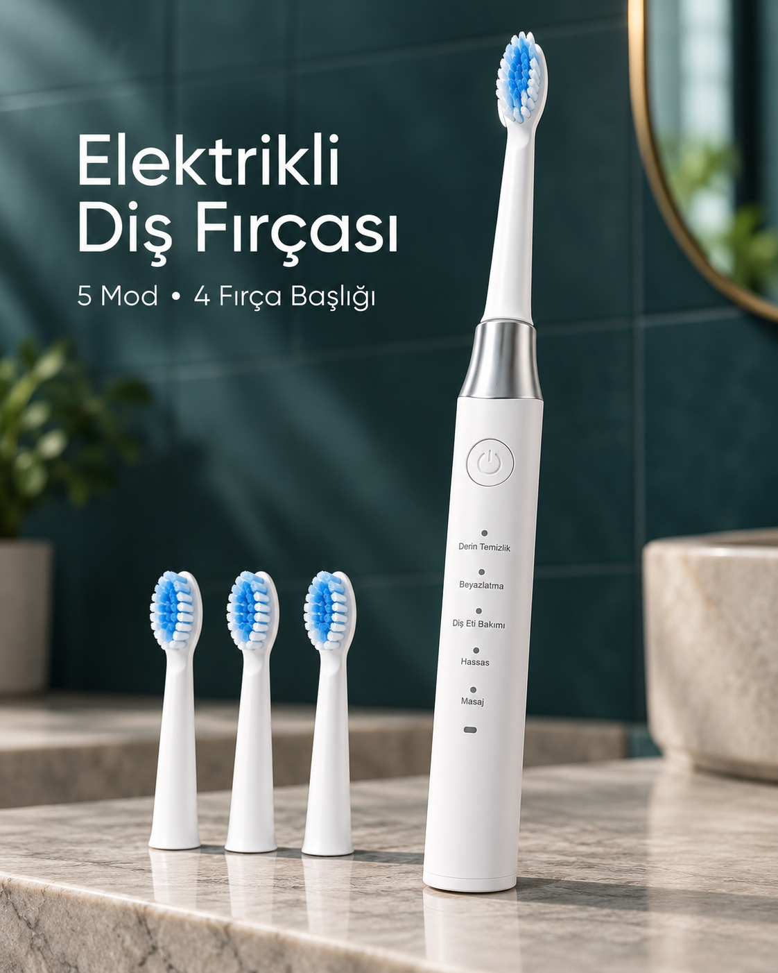 Değiştirilebilir Başlıklı Beyaz Elektrikli Diş Fırçası 5 Mod ve 3 Yedek Başlık