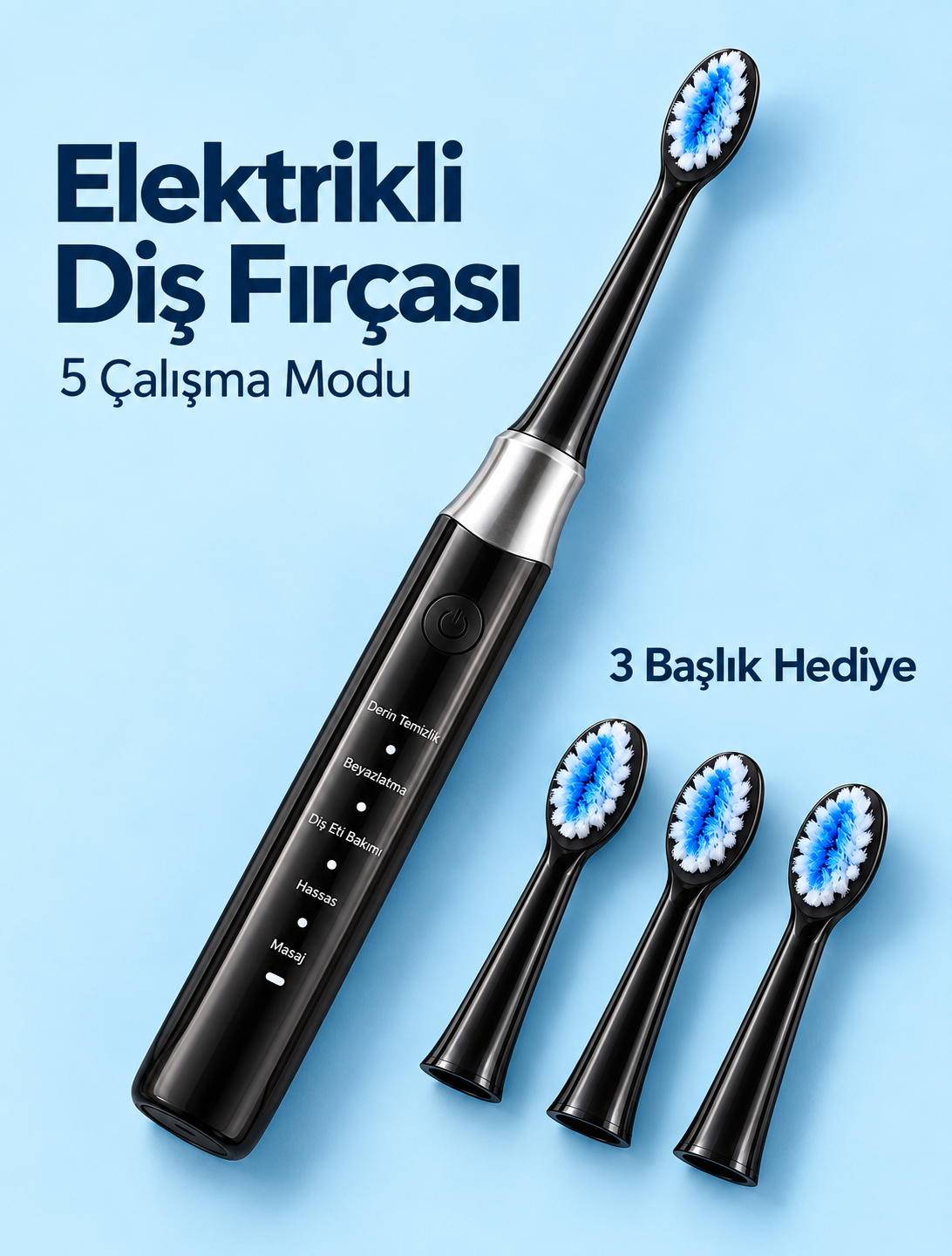 Değiştirilebilir Başlıklı Siyah Elektrikli Diş Fırçası 5 Mod ve 3 Yedek Başlık