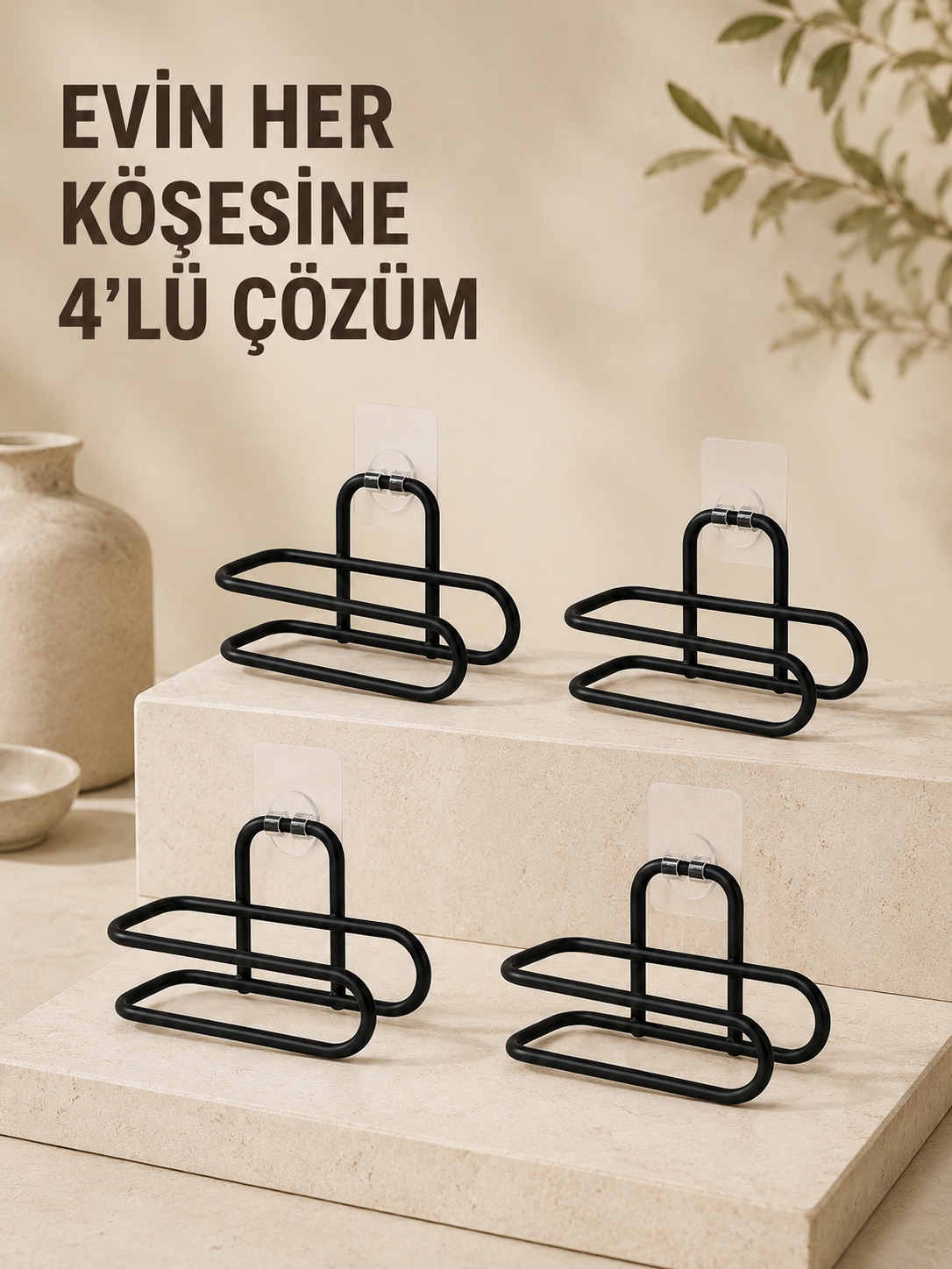 Delmeden Monte Tuvalet Kağıdı Askısı Siyah Metal Yapışkanlı Banyo Kağıtlığı 4’lü Set