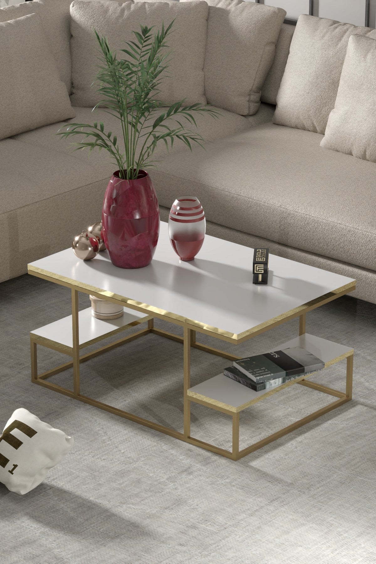 Delux Orta Sehpa Gold Beyaz 90x60 cm