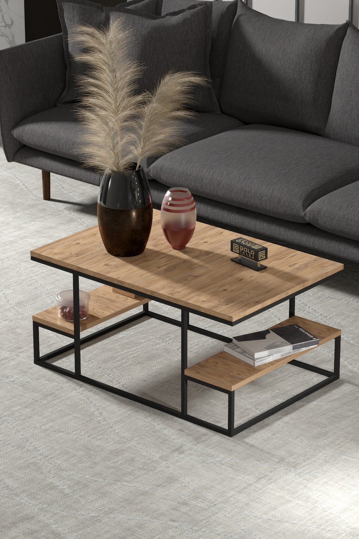 Deluxe Raflı Orta Sehpa Çam 90x60