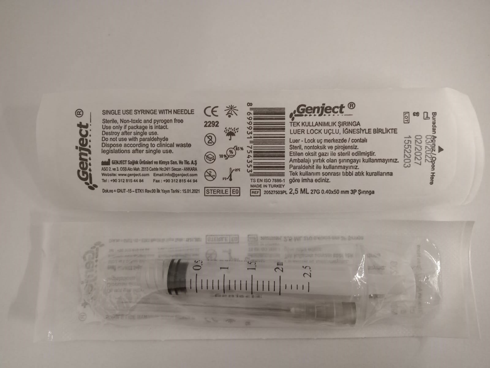 Dental Luer Lock Enjektör 2,5 ML- 27G /50 mm 3P Şırınga