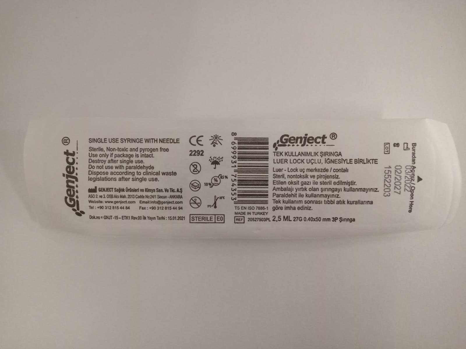 Dental Luer Lock Enjektör 2,5 ML- 27G /50 mm 3P Şırınga