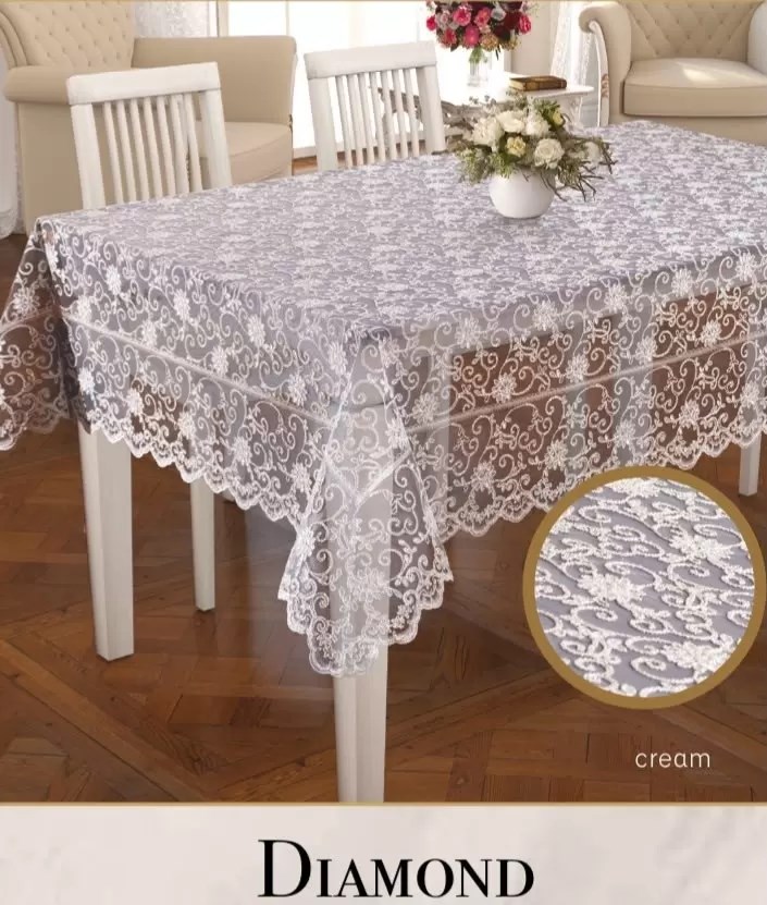 Dertsiz İşlemeli Tek Masa Örtüsü 160x260cm Dantelli Yemek Masası Örtüsü Daimond Model Krem