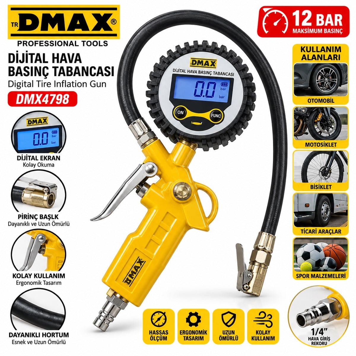 Dijital Lastik Şişirme Tabancası 12 Bar 1/4 Rekor