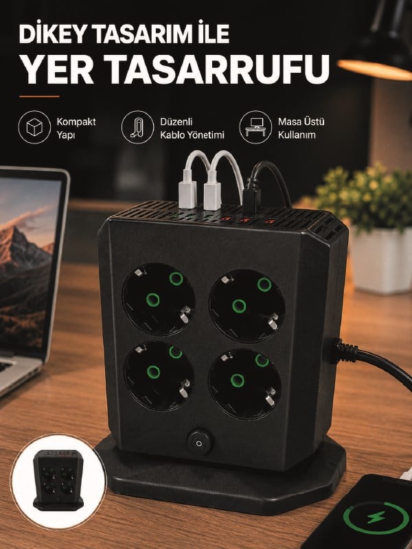 Dikey Priz Kulesi 8 AC Priz 4 USB 2 Type-C Çocuk Korumalı Güç Dağıtıcı