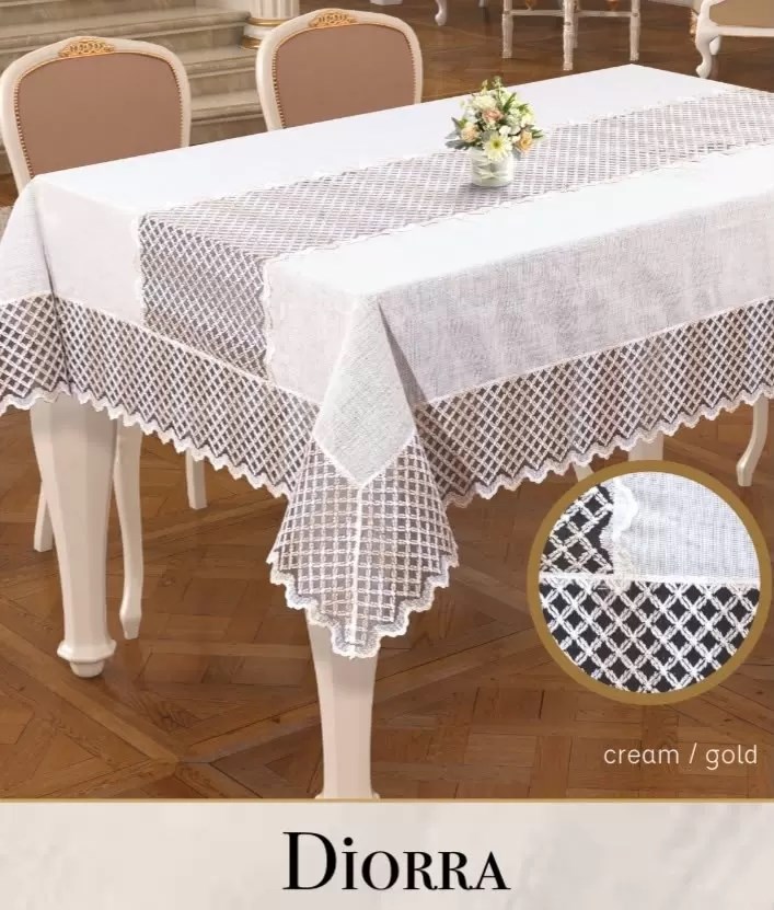 Diorra Model Krem-Gold Keten Kendinden Runnerli 160x220 cm Şık Yemek Masası Örtüsü