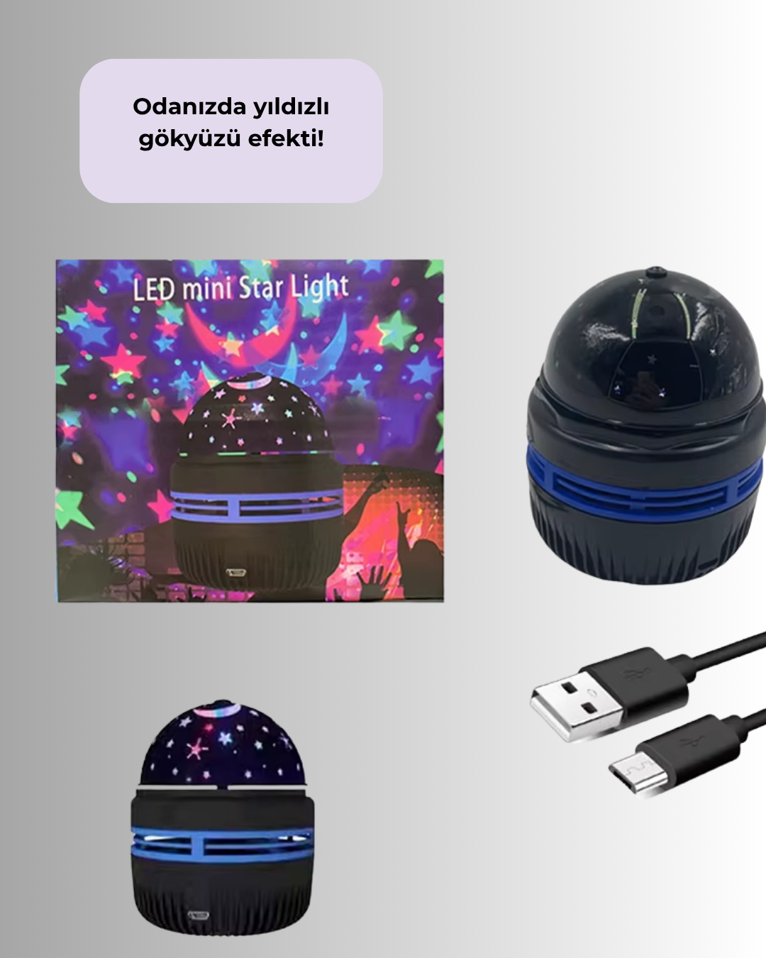 Döner Galaxy Projektör Gece Lambası – Ay ve Yıldız Işıklı Atmosfer Lamba, USB Bağlantılı