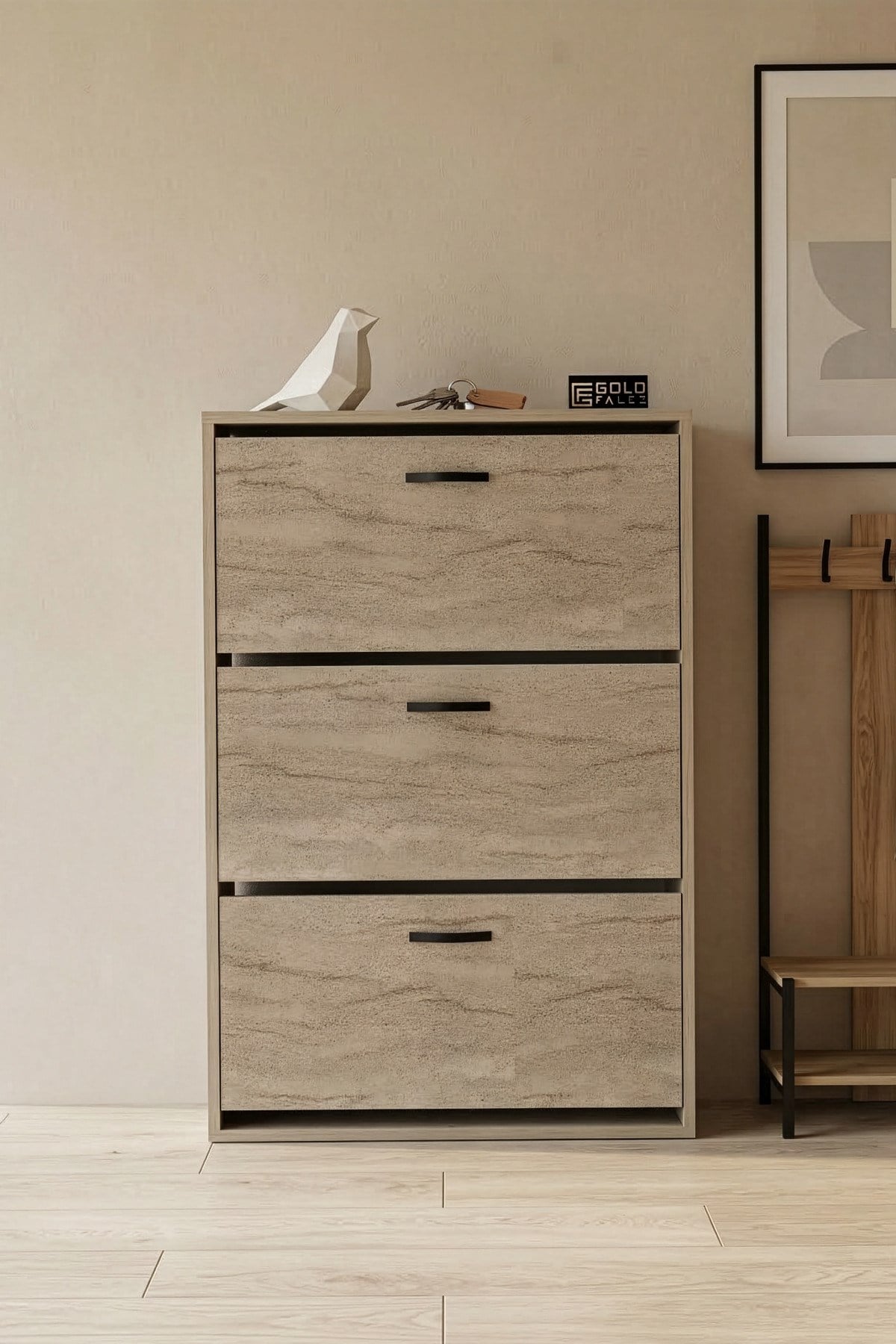 Düşer Kapaklı Ayakkabılık Ekru 74 cm
