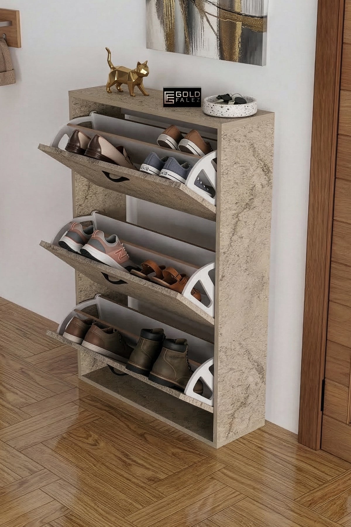 Düşer Kapaklı Ayakkabılık Ekru 74 cm